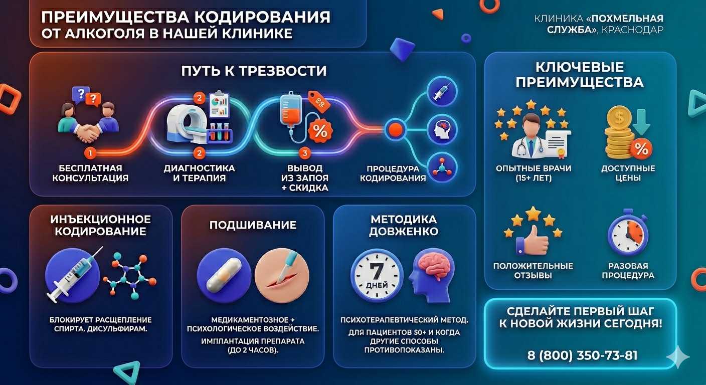 Инфографика о методах кодирования от алкоголя в Палласовке: инъекции, подшивание, метод Довженко. Преимущества клиники и этапы лечения.