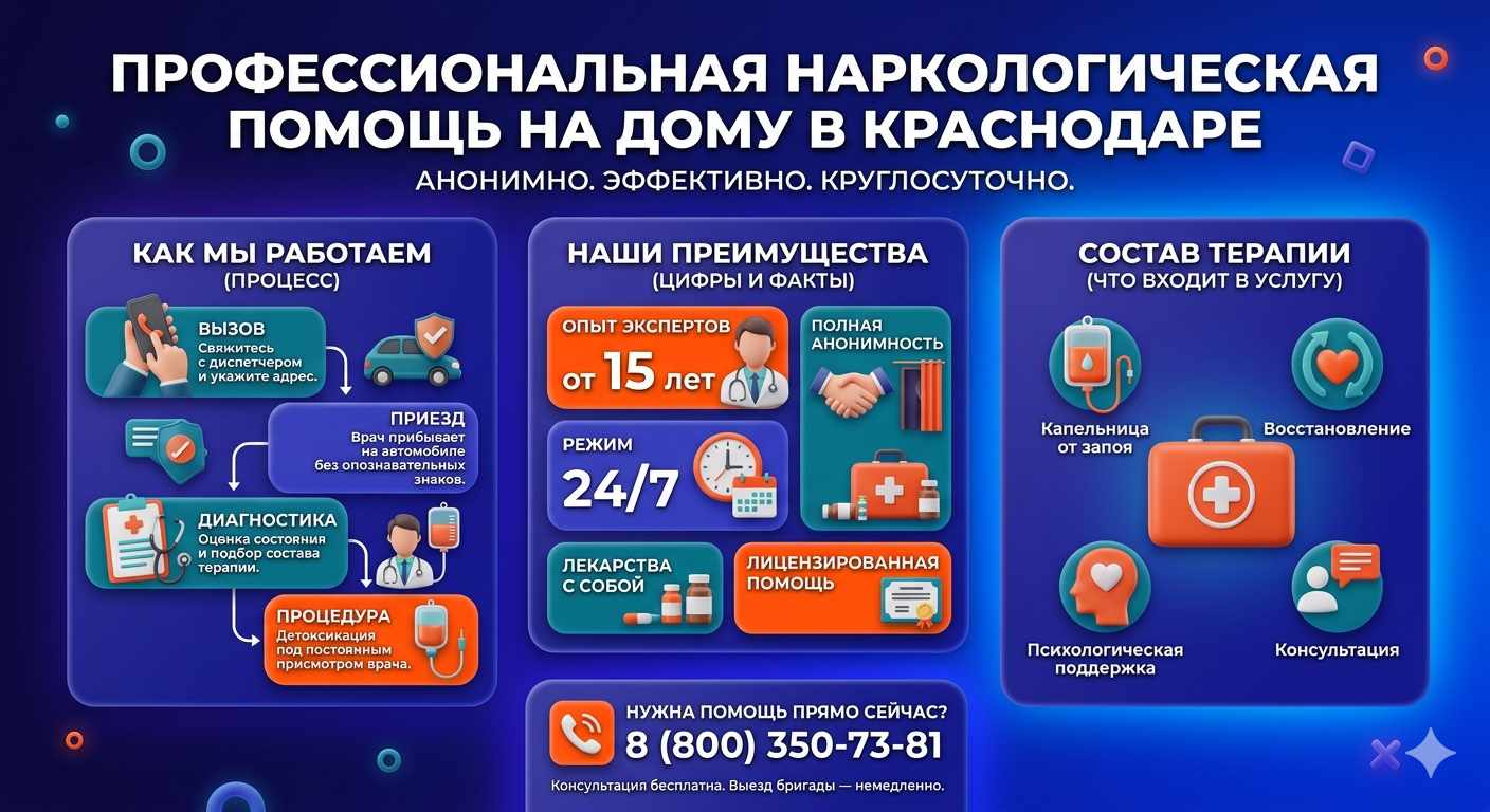 Инфографика о принципах лечения алкоголизма на дому в Палласовке: этапы вызова нарколога, преимущества анонимной детоксикации и состав медицинской помощи.